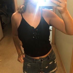 2 for $13 // Black Ribbed Tie Up Cropped Top